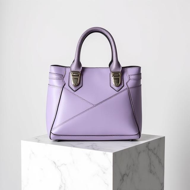 A sleek architectural handbag displayed on a geometric marble pedestal