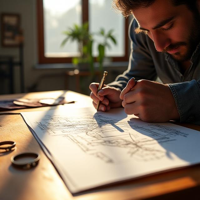 Artisan sketching an architectural jewelry design