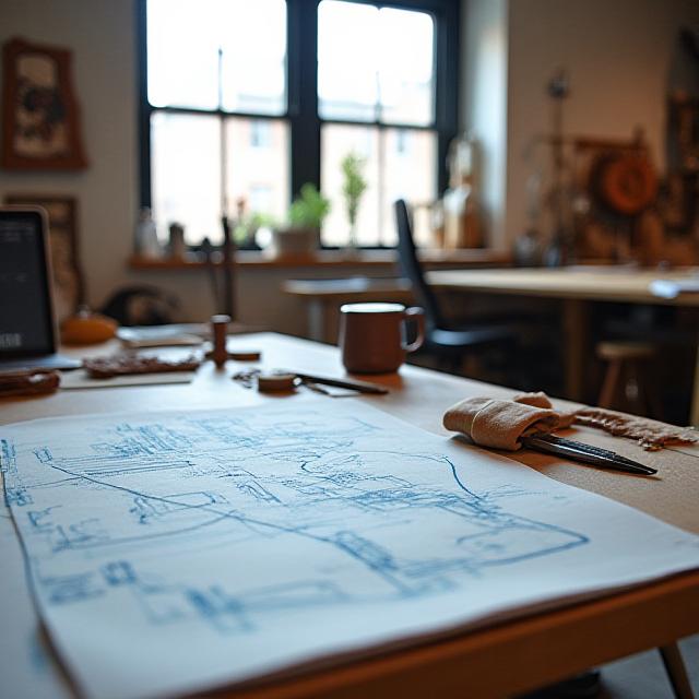 The creative workshop at Fresh Pond Road showing architectural sketches and leather tools